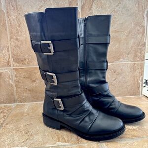 BCBG Black Leather Moto Buckle Boots